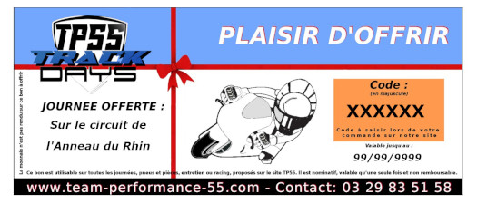 Chèque cadeau 200 €uros - Journée Circuit Anneau du Rhin